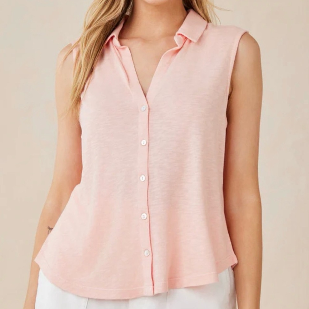 Bella Dahl Pink Shirt L Sleeveless Collar Button Down Cotton Linen NWT $119 - Picture 1 of 11